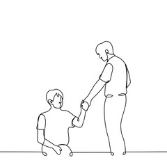 man standing stretching out his hand to sitting on the floor or ground - one line drawing vector. concept of helping those in need, helping loved ones, compassion and empathy - obrazy, fototapety, plakaty