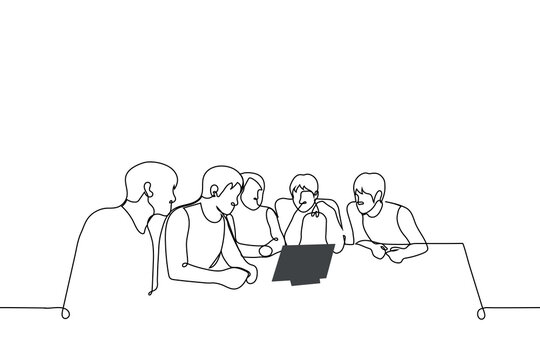 group of people sit at a table and look at a tablet - one line drawing vector. concept presentation in front of the board of directors or employees; watching movie with a group of friends