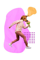 Vertical creative collage portrait of guy dog head walking hand hold fresh flowers isolated on drawing background