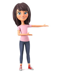 Cartoon character girl in a pink t-shirt points with her hands to an empty space. 3d render illustration.