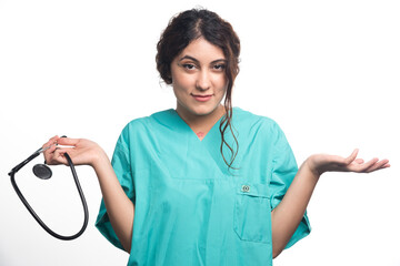 Female doctor with stethoscope on white background