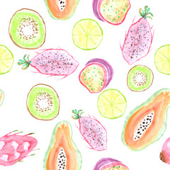 Watercolor exotic fruits seamless pattern