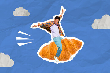 Exclusive minimal magazine sketch collage of funny funky guy riding huge croissant isolated blue color background