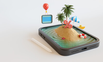 3d rendering of  coconut trees on a small island in the sea.