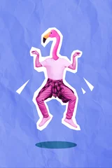 Foto op Canvas Vertical collage picture of person pink color flamingo head posing imitate walk isolated on creative background © deagreez