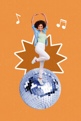 Collage 3d image of pinup pop retro sketch image of woman dancing huge disco ball isolated orange painting background © deagreez