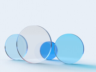 3D rendered illustration with glass cylinders in blue colors. A minimal abstract scene with geometrical forms on a light background. Set of Geometric shapes in a dynamic composition.