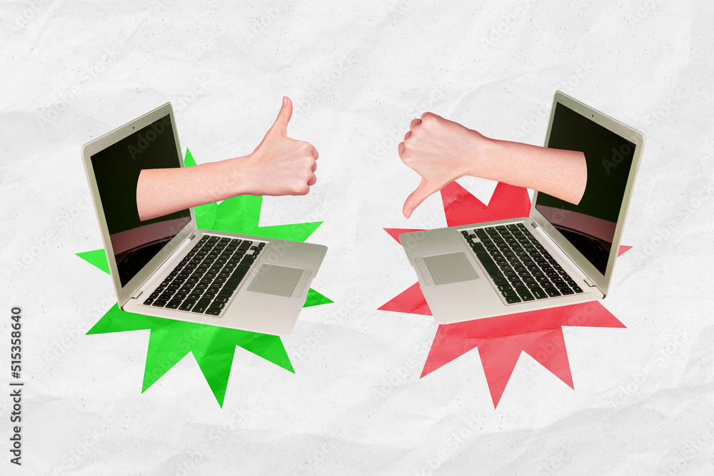 Fototapete creative abstract template graphics image of modern devices arms showing like dislike gestures isola
