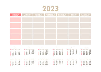 Planner English calendar of 2023 year, template daily schedule calender on one page. Weekly organizer, yearly planner template. Vector illustration