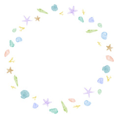 貝殻と珊瑚　フレーム　水彩風　円形