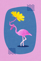 Artwork banner collage of vivid pink flamingo freak monster bird with yellow plant head isolated bright color background