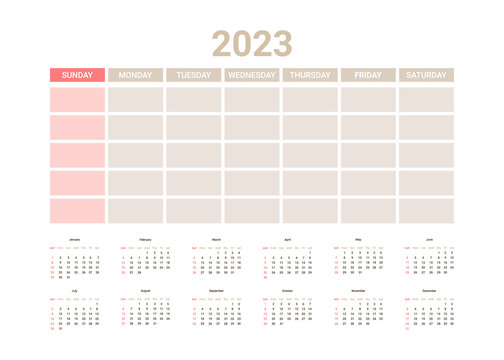 Planner English Calendar Of 2023 Year, Template Daily Schedule Calender On One Page. Weekly Organizer, Yearly Planner Template. Vector Illustration