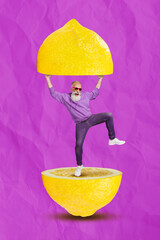 Creative abstract template graphics image of funny funky old guy standing holding yellow fruit half...