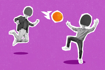 Creative collage image of two people black white gamma ping pong rackets instead head play tennis orange ball isolated on purple background
