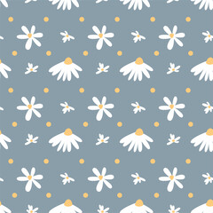 Seamless pattern of decorative chamomile flowers. Romantic vintage background for textile, fabric, decorative paper on a blue background.