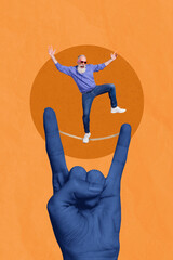 Photo artwork minimal collage of palm arm showing rock sign old man walking rope isolated drawing...