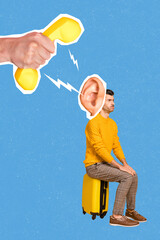 Creative 3d photo artwork graphics painting of funny guy sitting bag calling lost and found service...