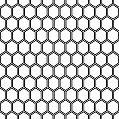 Repeated black polygons on white background. Honeycomb wallpaper. Seamless surface pattern design with regular hexagons. Grill motif. Digital paper for page fills, web designing, textile print. Vector