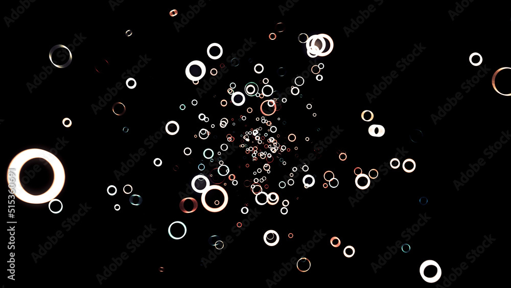 Poster abstract animation of white and red small green rings floating on the black background. animation. c