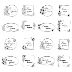 Set of floral frames for text in black and white