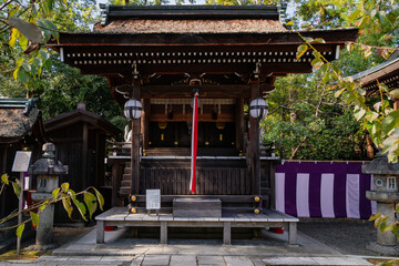 A Shrine with lanterns at the Poet's Festival Kitano Tenmangu in Kyoto, Japan.