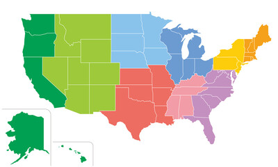 アメリカ合衆国の地図、全50州、9つの地区の色分け