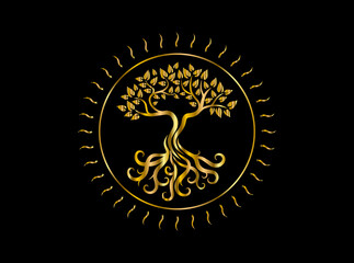 golden tree logo with circular shape and sunrises