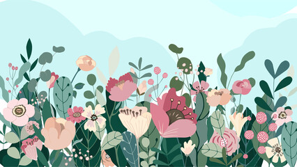 Beautiful floral background of leaf and buds, colorful flowers and berries, botanic composition. Bright spring and summer panorama banner, invitation for wedding, holiday. Vector illustration.