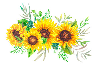 Watercolor sunflowers bouquet, hand painted sunflower bouquet, sunfower flower arrangement. Wedding invitation clipart elements. Watercolor floral. Botanical Drawing. White background