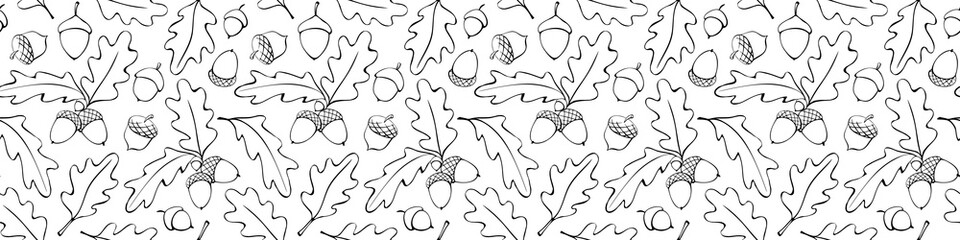 Seamless pattern with oak leaves, acorns. Vector autumn texture isolated, hand drawn in doodle style, black outline. Concept of forest, leaf fall, nature, thanksgiving © Iuliia