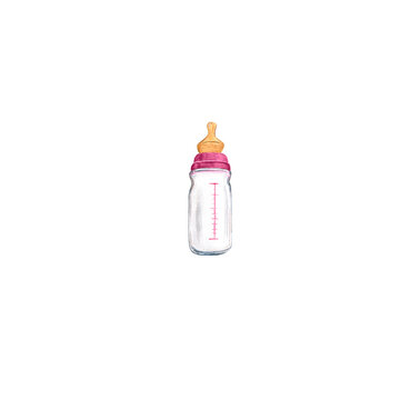 Pink Baby Milk Bottle For Girl. Art Watercolor Illustration Isolated On White Background. For Printing Postcards, Invitations, Newborn Products