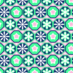 Retro Geometric Florals Stars Octagons Seamless Pattern Tile Style Simple Shapes Beautiful Color Combinations Perfect for Allover Fashion Fabric Print or Wrapping Paper Elegant Vector Design