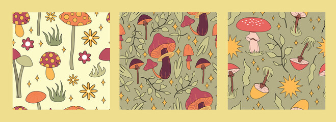 Fototapeta na wymiar Set seamless pattern magic hallucinogenic mushrooms. Fantasy cute elements. Cute cartoon mushrooms on the grass. Modern design print for cloth, wallpaper, decor interior. Hippie style. Vector float.
