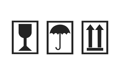 Signs and icons on products, goods, labels, packaging. Beware, fragile item. Keep away from moisture. Top of item. Indicates the correct vertical position of the load. Handle whith care. Vector