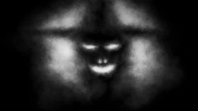 Dark scarecrow in hat. Luminous mouth and eyes. Scary 2D animation. Horror fantasy theme movie. Abstract motion graphics. Music clips and VJ loops. Black and white horror video for Halloween.
