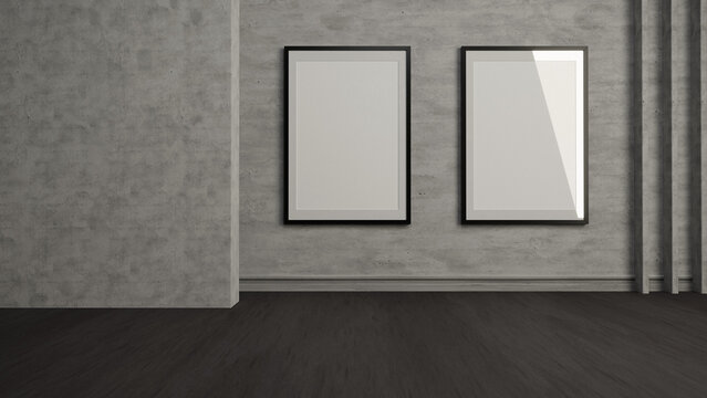 Set of 2 Wooden large 50x70, 20x28, a3,a4, frame mockup with mat on white wall. 3D Illustration