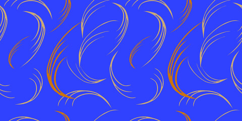 Gold abstract hand drawn blue background. Seamless pattern. Suitable for fabric, packaging, knitwear, clothing, tablecloth, napkins, bags, background.