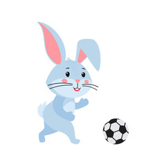 Cute cartoon rabbit or hare. Rabbit is playing soccer. Printing on children's T-shirts, greeting cards, posters. Hand-drawn vector stock illustration isolated on white background
