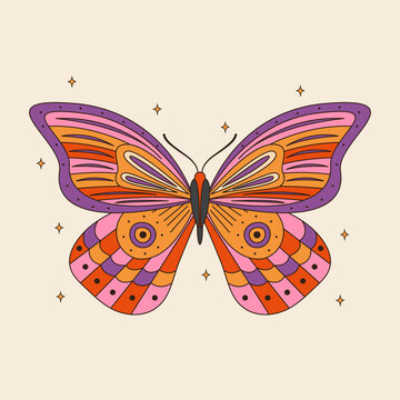 Retro groovy butterfly with colorful wings. 60s and 70s vibes psychedelic vector clipart. Cartoon hippie mystic insect. Vintage boho illustration. Abstract trippy art