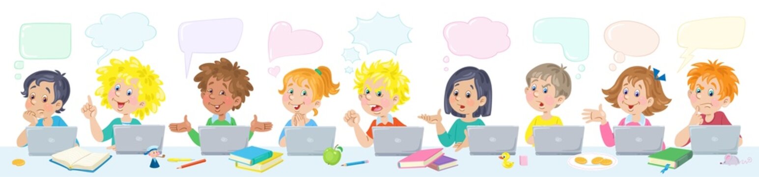 Children of different nationalities with their laptops are sitting in the classroom. Various emotions. Banner with speech bubbles. In cartoon style. Isolated on white background. Vector illustration