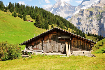 Fototapeta na wymiar Traditional wooden houses in the valleys of the Swiss Alps