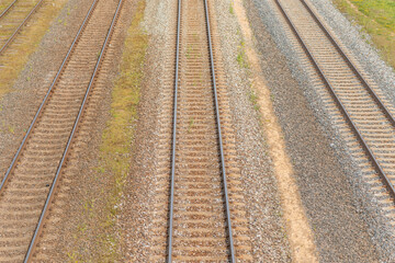 Old railway tracks.Aerial view of three train tracks at summer day.Top view.
