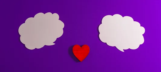 Gordijnen White clouds,heart for Valentine's day concept.Communication red heart between two clouds. Purple,veri peri background.Place for your text. Copy space.Banner. © ARVD73