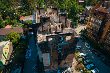 a house in Irpen destroyed by shells of Russian occupiers, drone view
