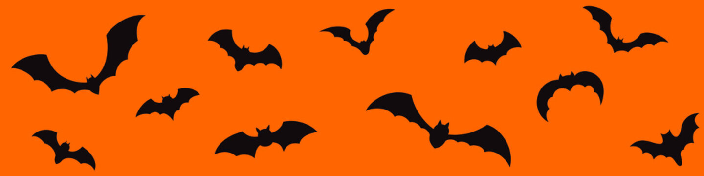 Halloween long banner with bats. Seamless pattern with simple bat silhouette.
