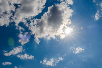 The sun through the clouds beautiful sparse dramatic clouds in the blue sky.Cloudscape. Blue sky...