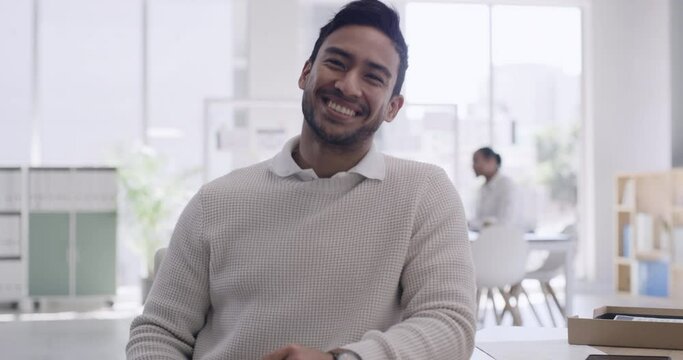 Young businessman using a computer in a trendy modern office. Portrait of an entrepreneur happy with his business project proposal. A marketing tech professional working on company website analytics