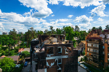 a house in Irpen destroyed by shells of Russian occupiers, drone view