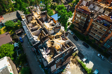 a house in Irpen destroyed by shells of Russian occupiers, drone view