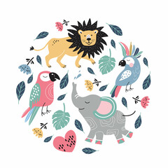 Round emblem with colorful parrots, lion and elephant. Tropical birds. Children's illustration.